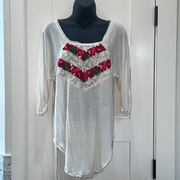 Free People Tops - Free People | slub knit lace trim  3/4 sleeve top XS